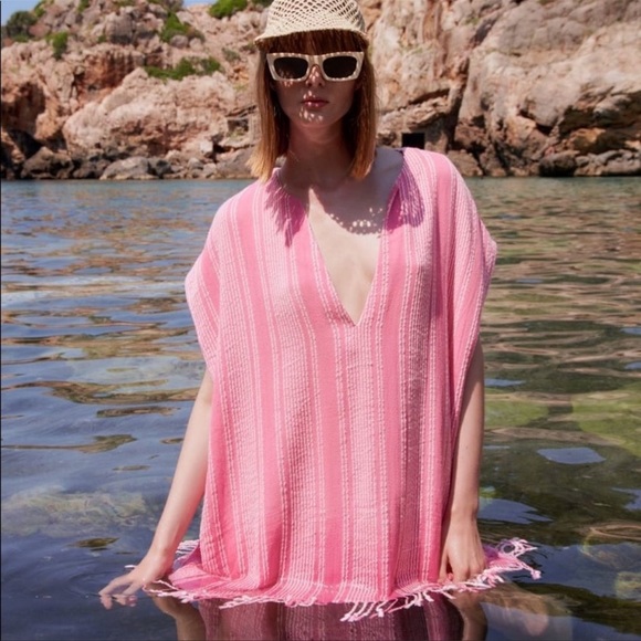 ZARA kaftan fringe coverup Cotton Pink striped medium large - Picture 1 of 7